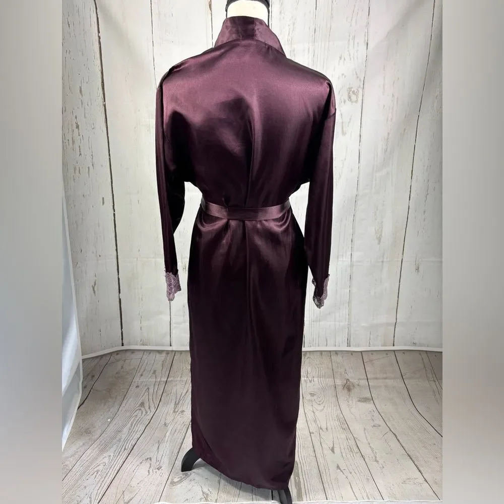 Dark Burgundy Wine Long Robe with Lace Trim - Picture 2 of 4